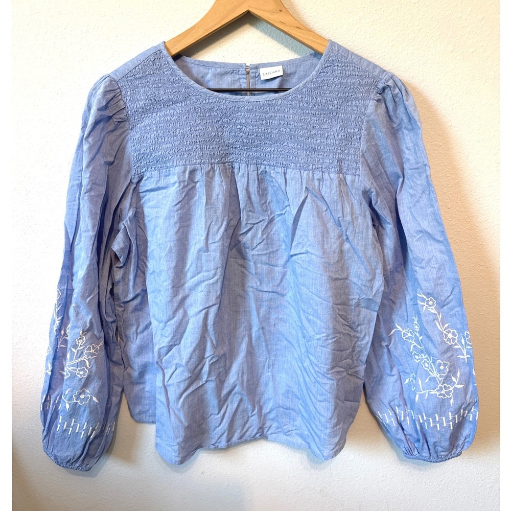 Lascana Blouse Womens Blue Smocked Embroidered Cotton Long Sleeve Size 8